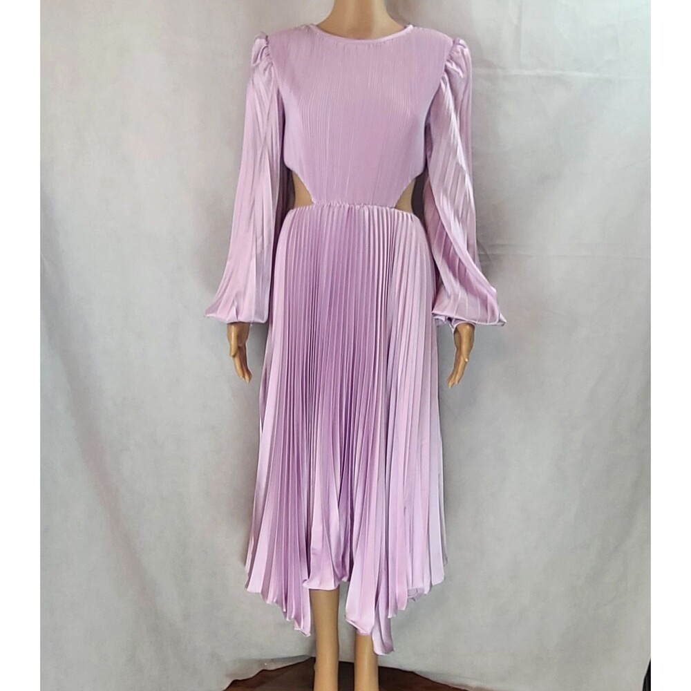 New MAC DUGGAL Sample (2) Lilac Satin Pleated Long Sleeve Cutout Midi Dress